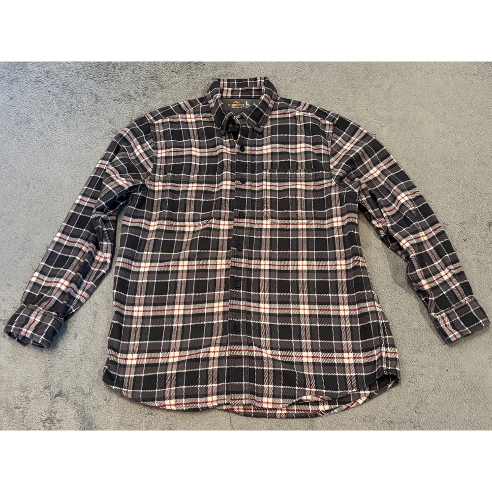 Ridgecut Toughwear Mens Large Flannel Shirt Gray Red Plaid Long Sleeve Cotton